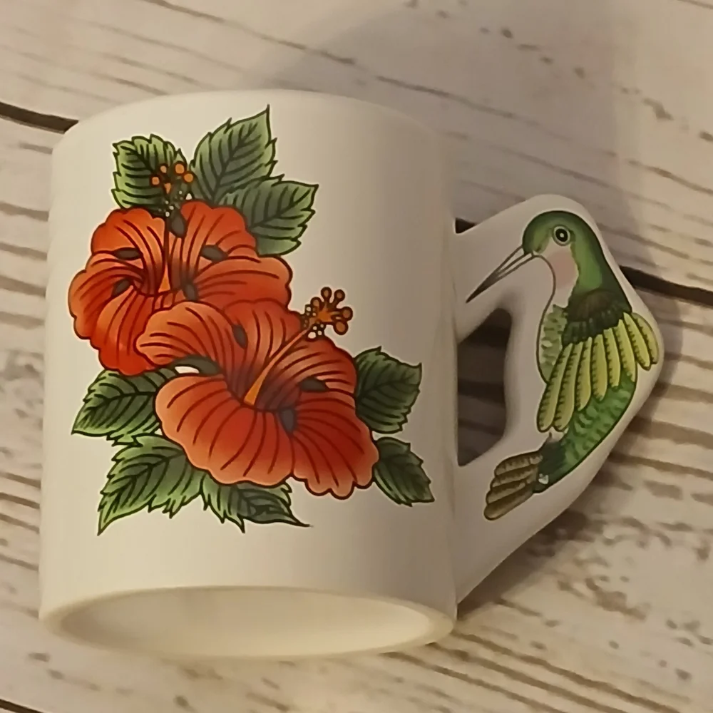 Floral Coffee Mug with Hummingbird Handle